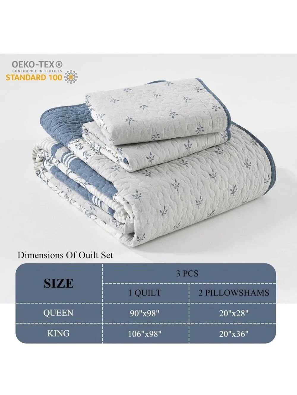 DDUOXIN 100% Cotton King Quilt - Modern Stripe Botanical Quilts 2 Pillow Shams